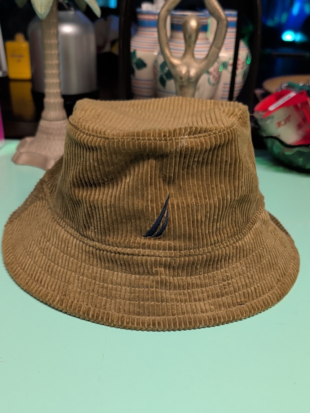 Nautica Olive Brown Corduroy Bucket Hat with Navy Sail Logo